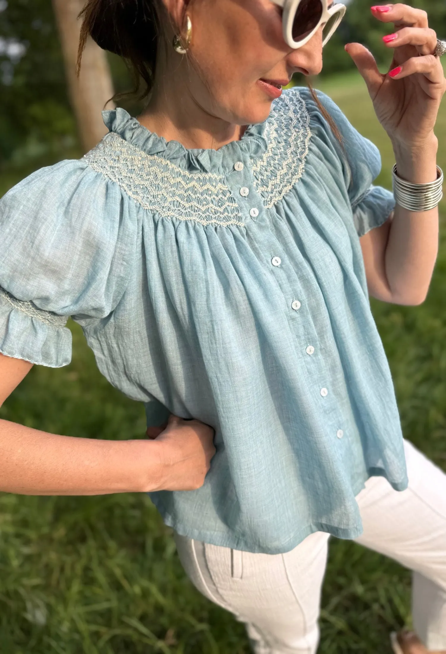 Cleopatra Blouse Prussian Blue Cotton Muslin with Double Cream Hand Smocking Edition 25 sold by Smock London product image thumbnail 5