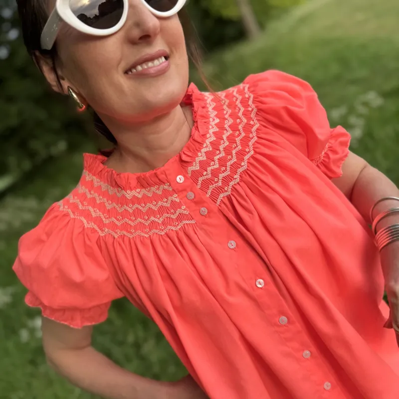 Cleopatra Blouse Sour Watermelon with Double Cream Hand Smocking Edition 27 sold by Smock London