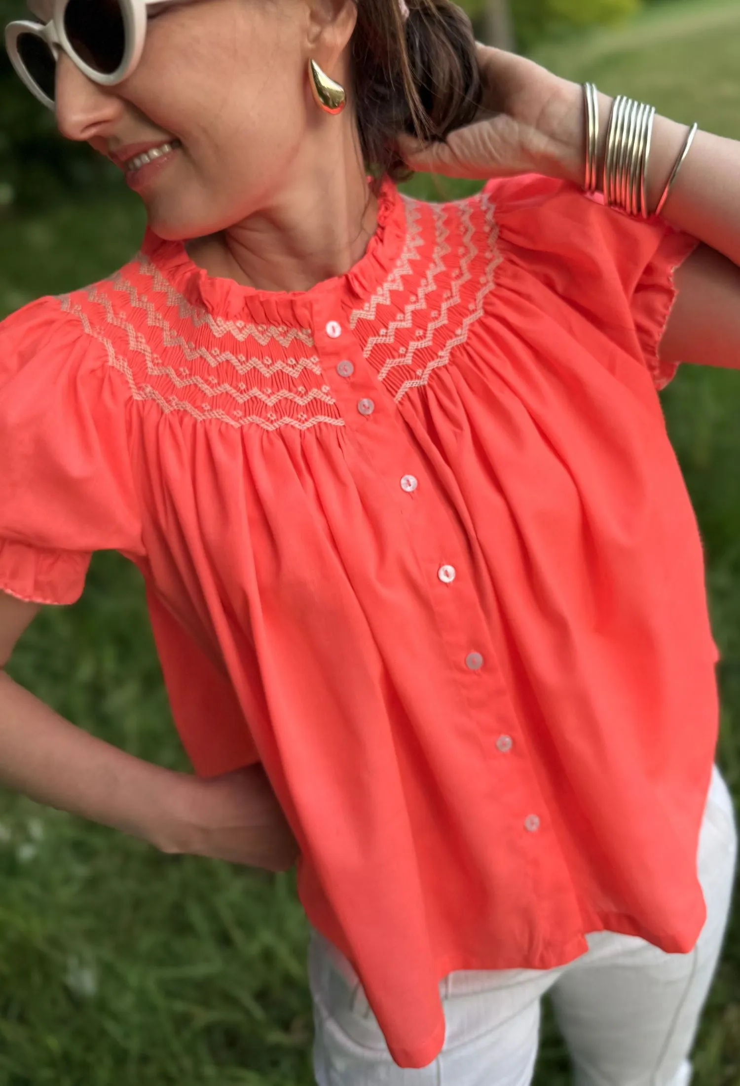 Cleopatra Blouse Sour Watermelon with Double Cream Hand Smocking Edition 27 sold by Smock London product image thumbnail 5