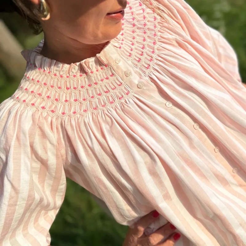 Cleopatra Blouse Spun Sugar Stripe with Marshmallow Hand Smocking Edition 29 sold by Smock London