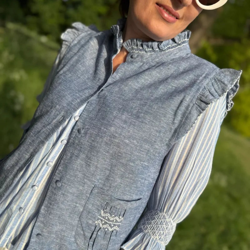 C J Walker Waistcoat Mediterranean Weave Linen with Sail Boat Hand Smocking Edition 1 sold by Smock London