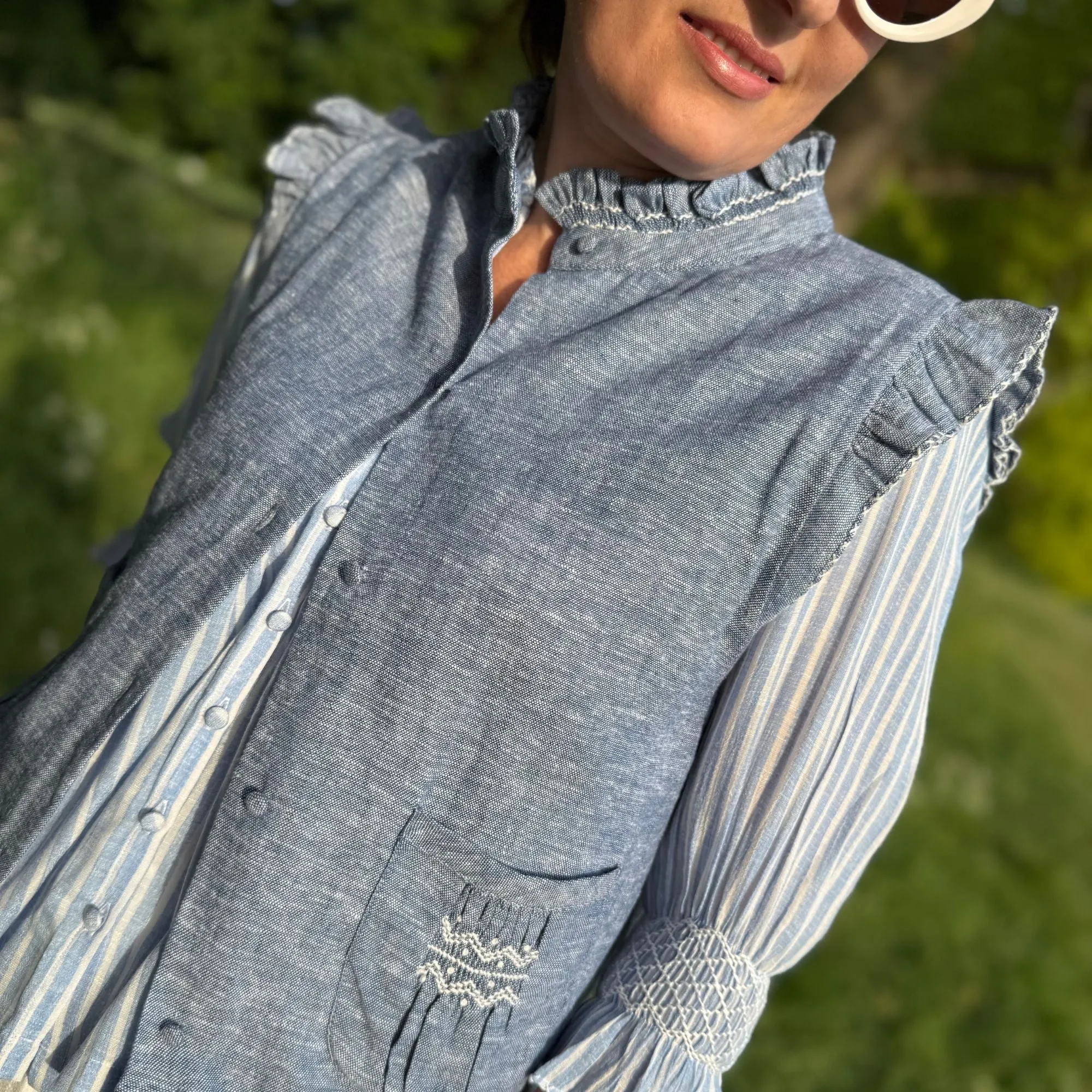 C J Walker Waistcoat Mediterranean Weave Linen with Sail Boat Hand Smocking Edition 1 sold by Smock London