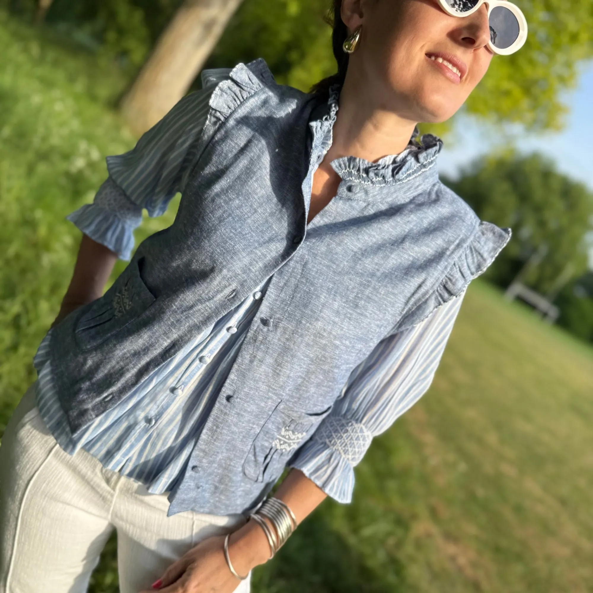 C J Walker Waistcoat Mediterranean Weave Linen with Sail Boat Hand Smocking Edition 1 sold by Smock London product image thumbnail 5