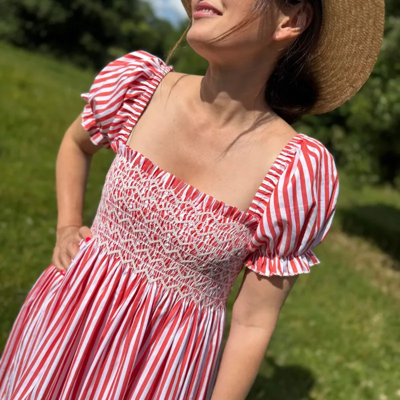 Wangari Mathai Dress Circus Stripe with Soft Serve Hand Smocking sold by Smock London