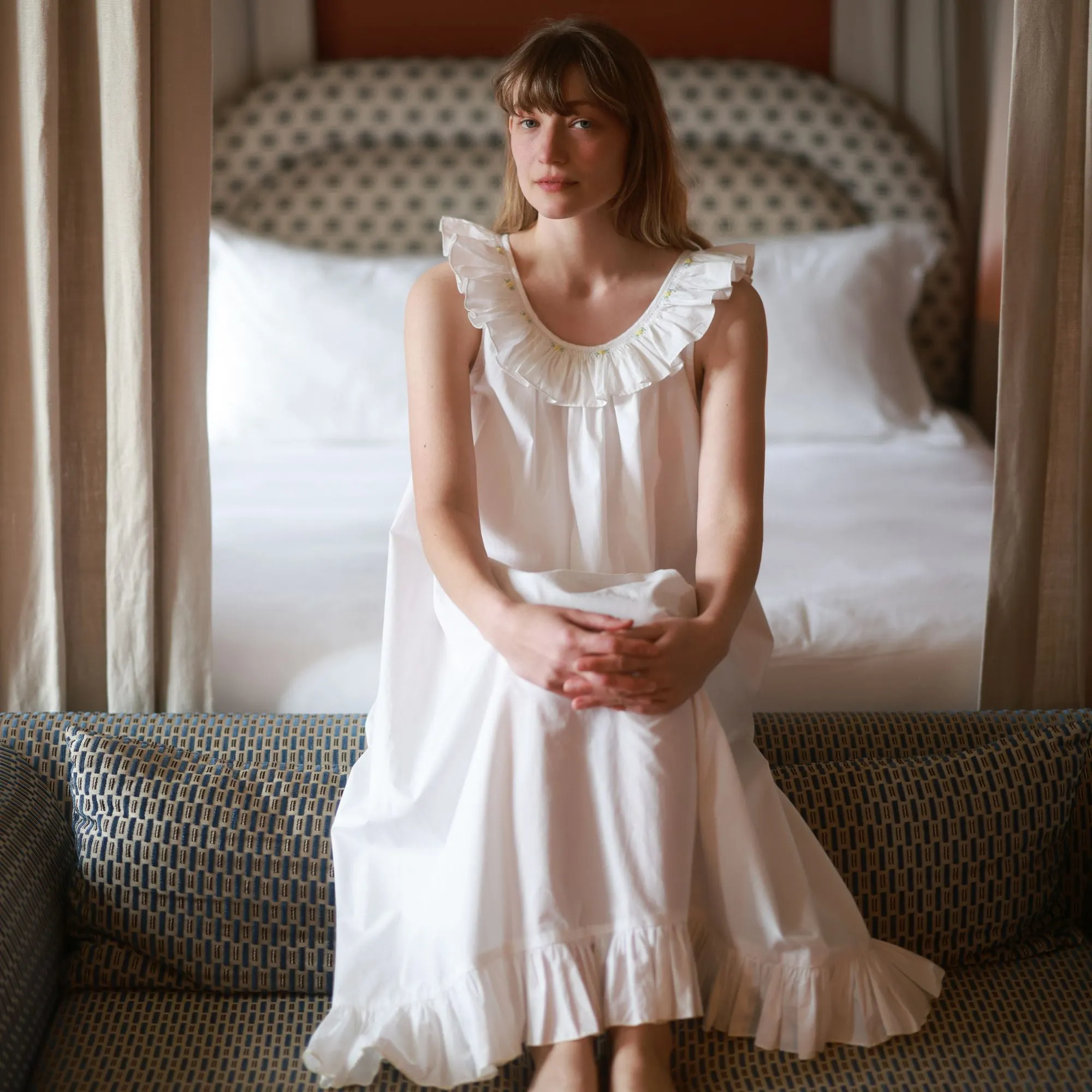 Memo Press x Smock London Women's Alice Dress Moonstone with Yellow Rose Hand Smocking sold by Smock London