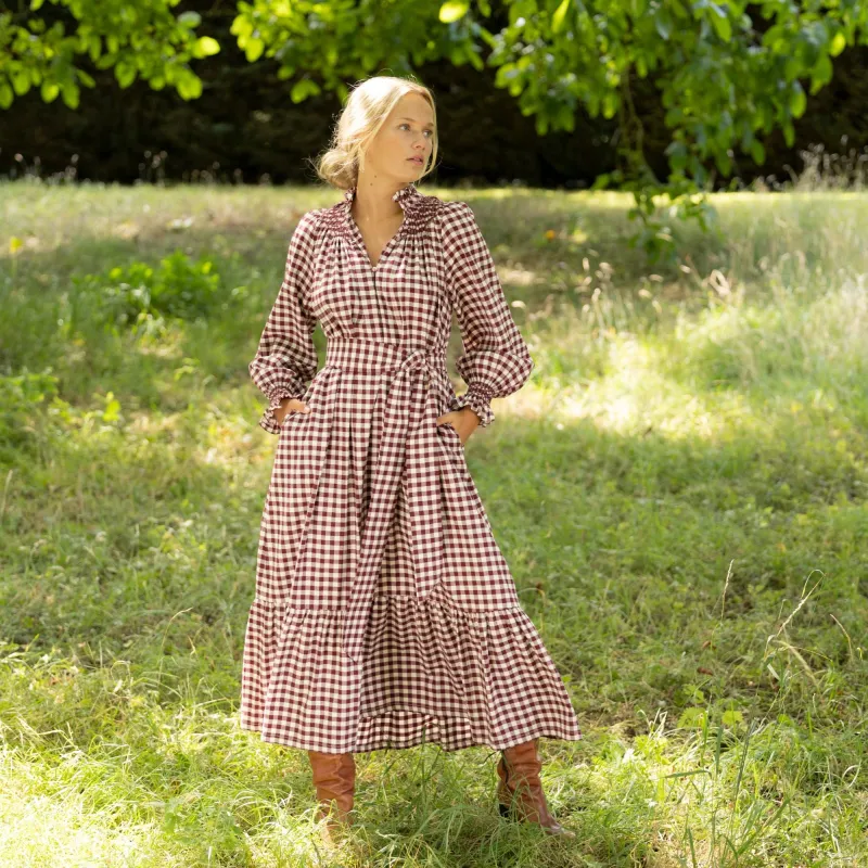 Colette Dress Mulled Wine Gingham Brushed Cotton with Spiced Cinnamon Hand Smocking sold by Smock London