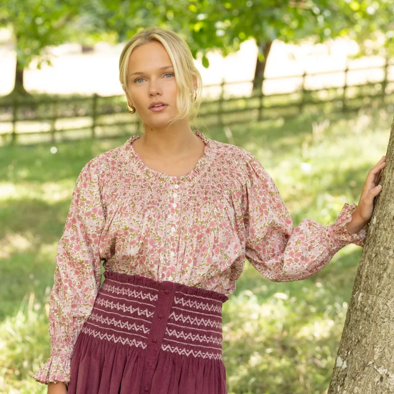Cleopatra Blouse with Hedgerow Haze Hand Smocking made with Liberty Poppies and Daisies Edition 30 sold by Smock London