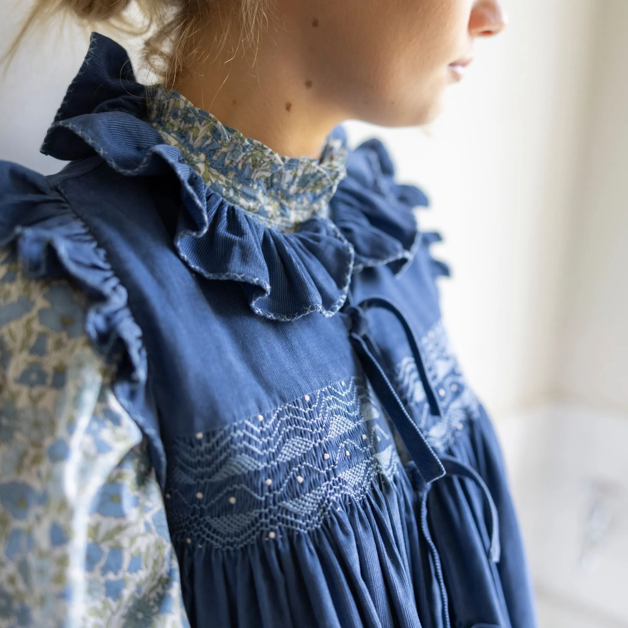 Large Edith Wharton Waistcoat Cornflower Needlecord with Chambray Hand Smocking Edition 2 sold by Smock London product image thumbnail 2