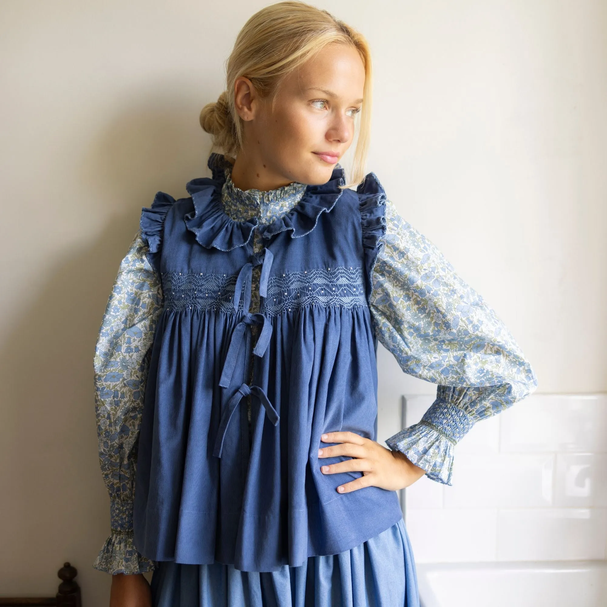 Large Edith Wharton Waistcoat Cornflower Needlecord with Chambray Hand Smocking Edition 2 sold by Smock London
