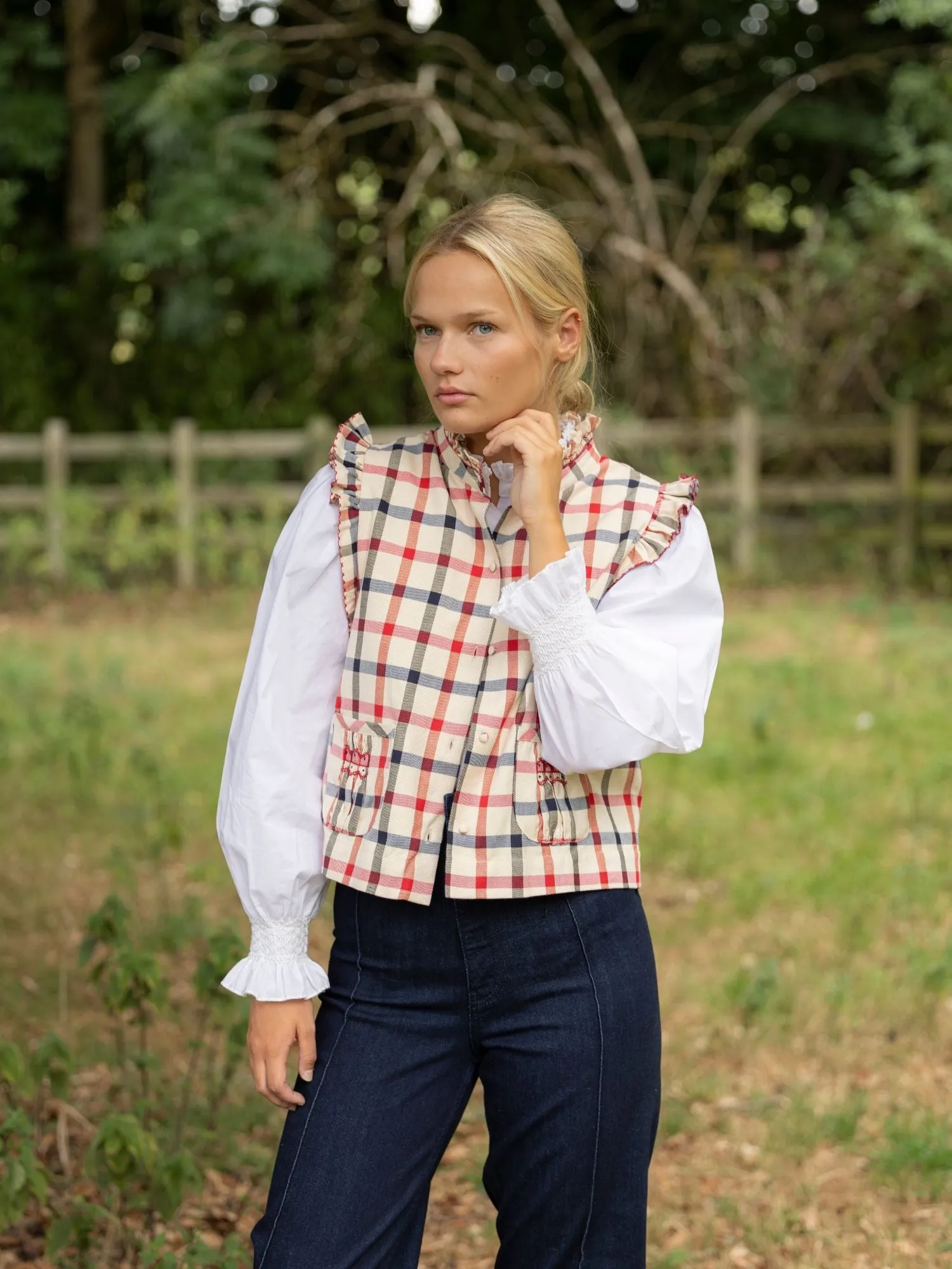 C J Walker Waistcoat Paddington Tartan with Crimson and Navy Hand Smocking Edition 7 sold by Smock London product image thumbnail 3