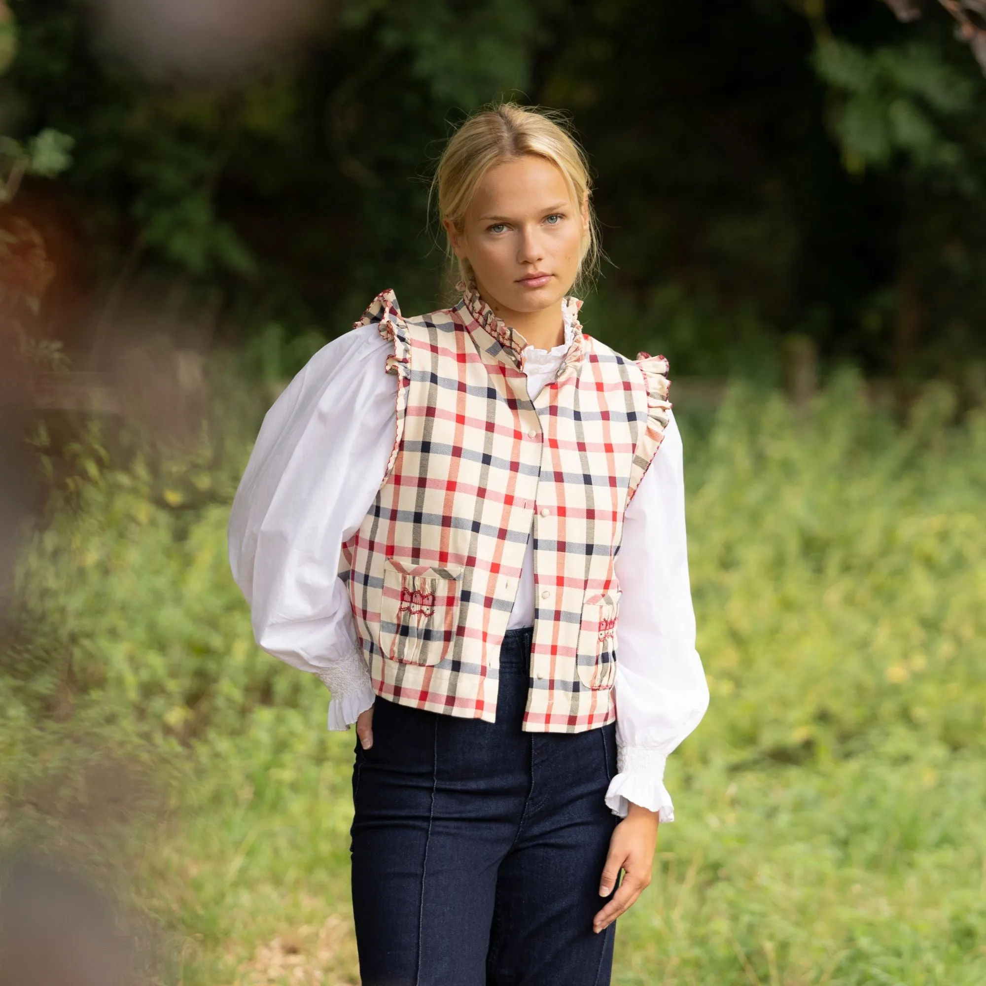 C J Walker Waistcoat Paddington Tartan with Crimson and Navy Hand Smocking Edition 7 sold by Smock London