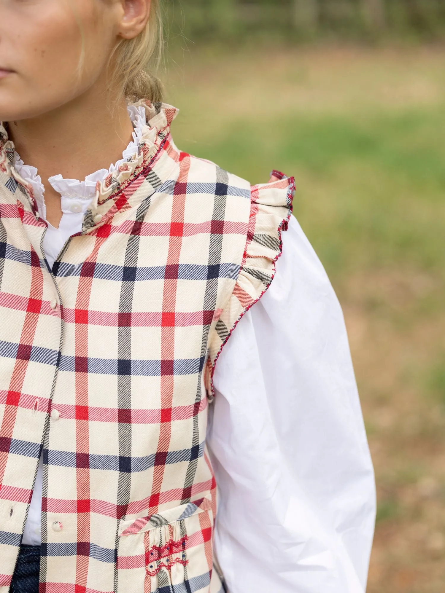 C J Walker Waistcoat Paddington Tartan with Crimson and Navy Hand Smocking Edition 7 sold by Smock London product image thumbnail 4