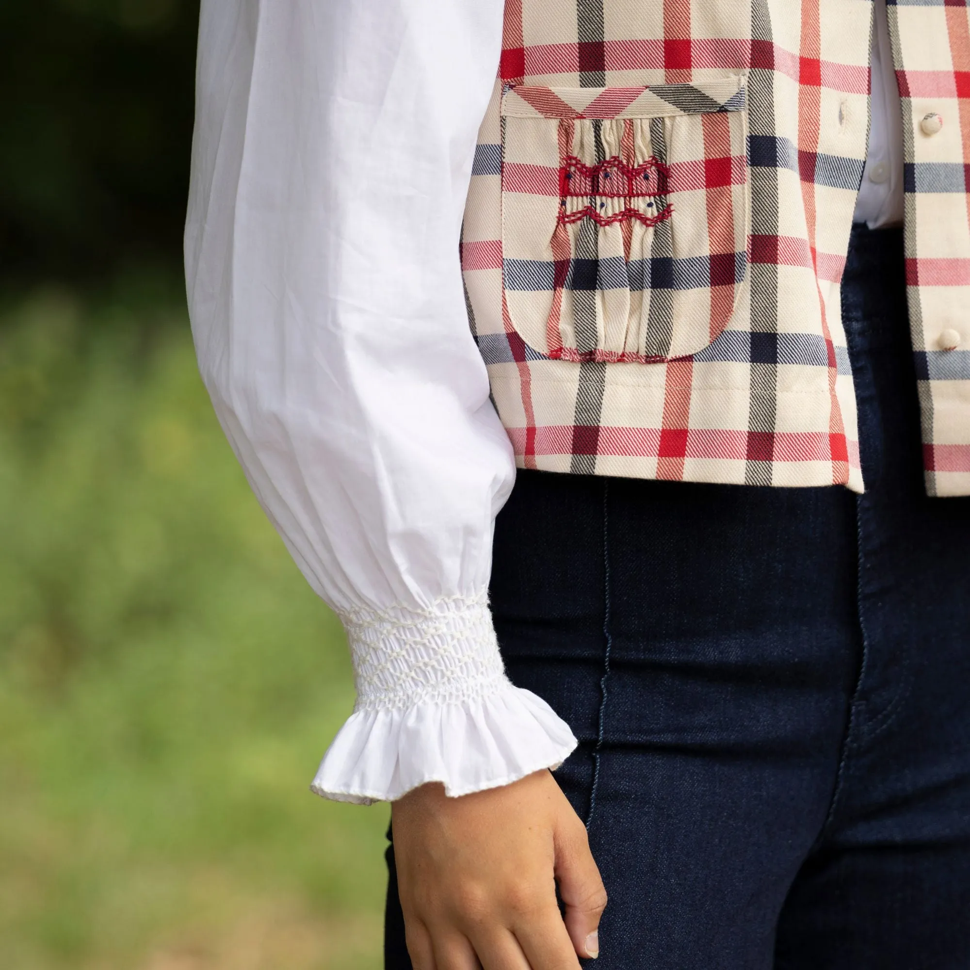 C J Walker Waistcoat Paddington Tartan with Crimson and Navy Hand Smocking Edition 7 sold by Smock London product image thumbnail 2