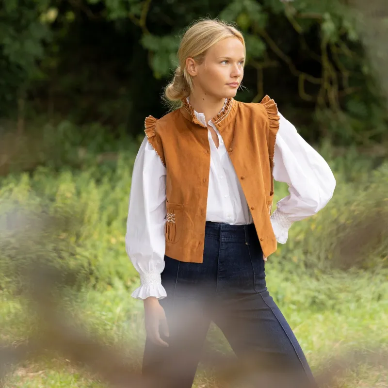 C J Walker Waistcoat Butterscotch Needlecord with Spiced Vanilla Hand Smocking Edition 5 sold by Smock London