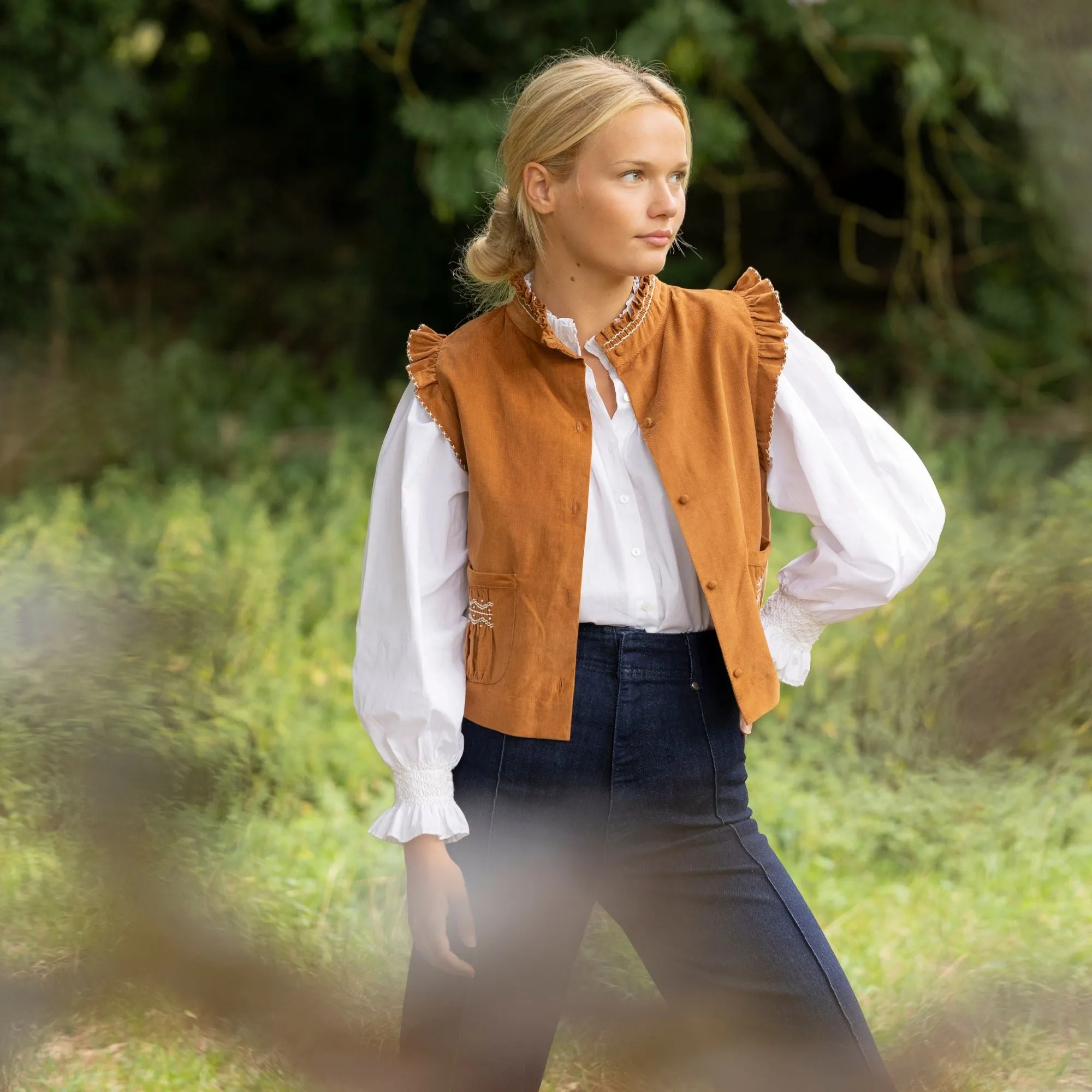 C J Walker Waistcoat Butterscotch Needlecord with Spiced Vanilla Hand Smocking Edition 5 sold by Smock London