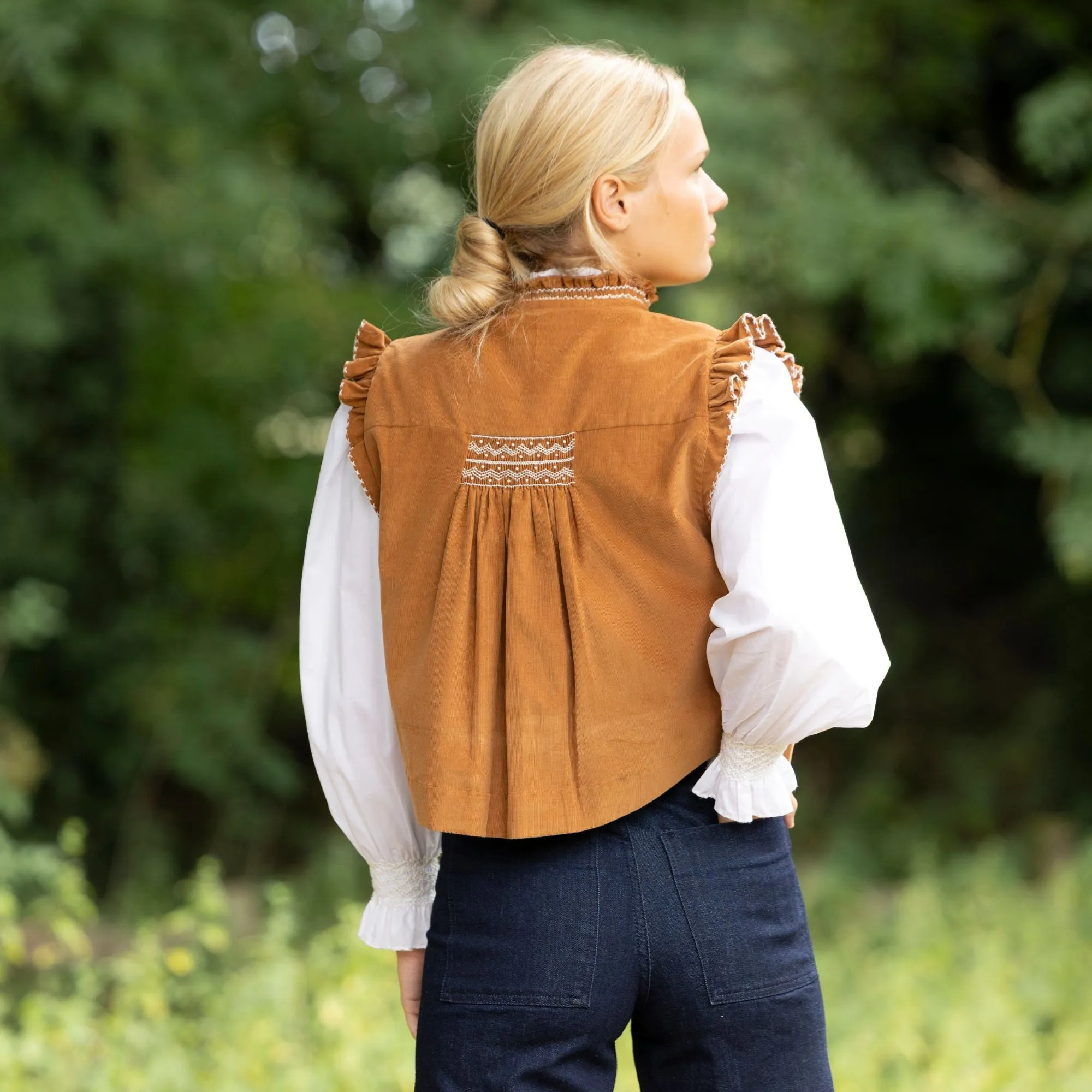 C J Walker Waistcoat Butterscotch Needlecord with Spiced Vanilla Hand Smocking Edition 5 sold by Smock London product image thumbnail 2