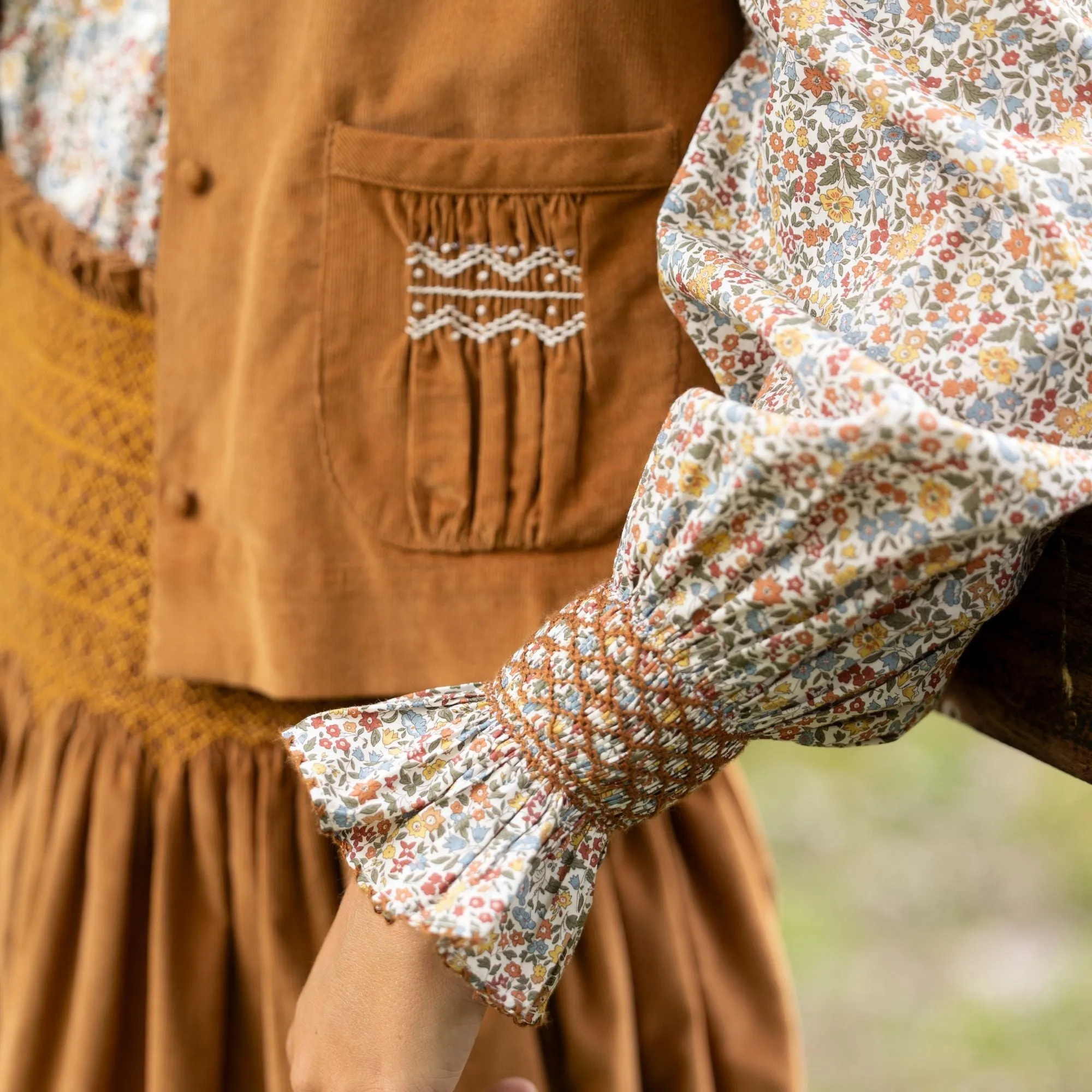 C J Walker Waistcoat Butterscotch Needlecord with Spiced Vanilla Hand Smocking Edition 5 sold by Smock London product image thumbnail 3