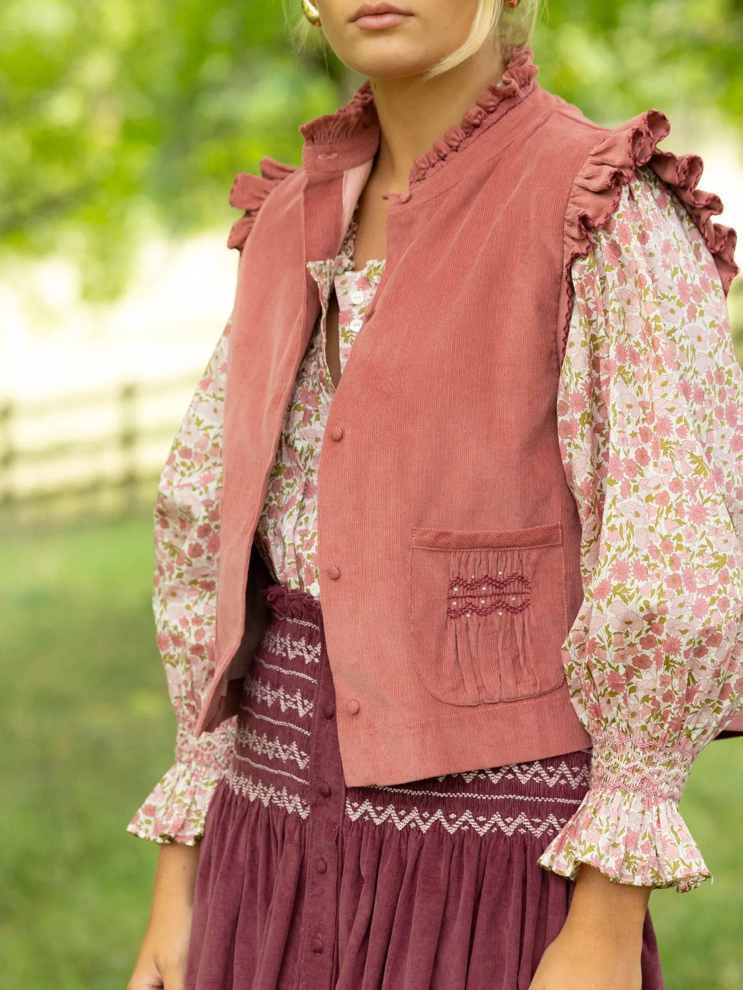 C J Walker Waistcoat Kir Needlecord with Mulberry Hand Smocking Edition 4 sold by Smock London product image thumbnail 4