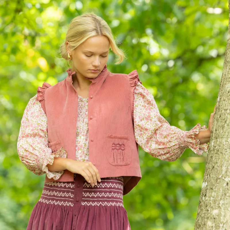 C J Walker Waistcoat Kir Needlecord with Mulberry Hand Smocking Edition 4 sold by Smock London