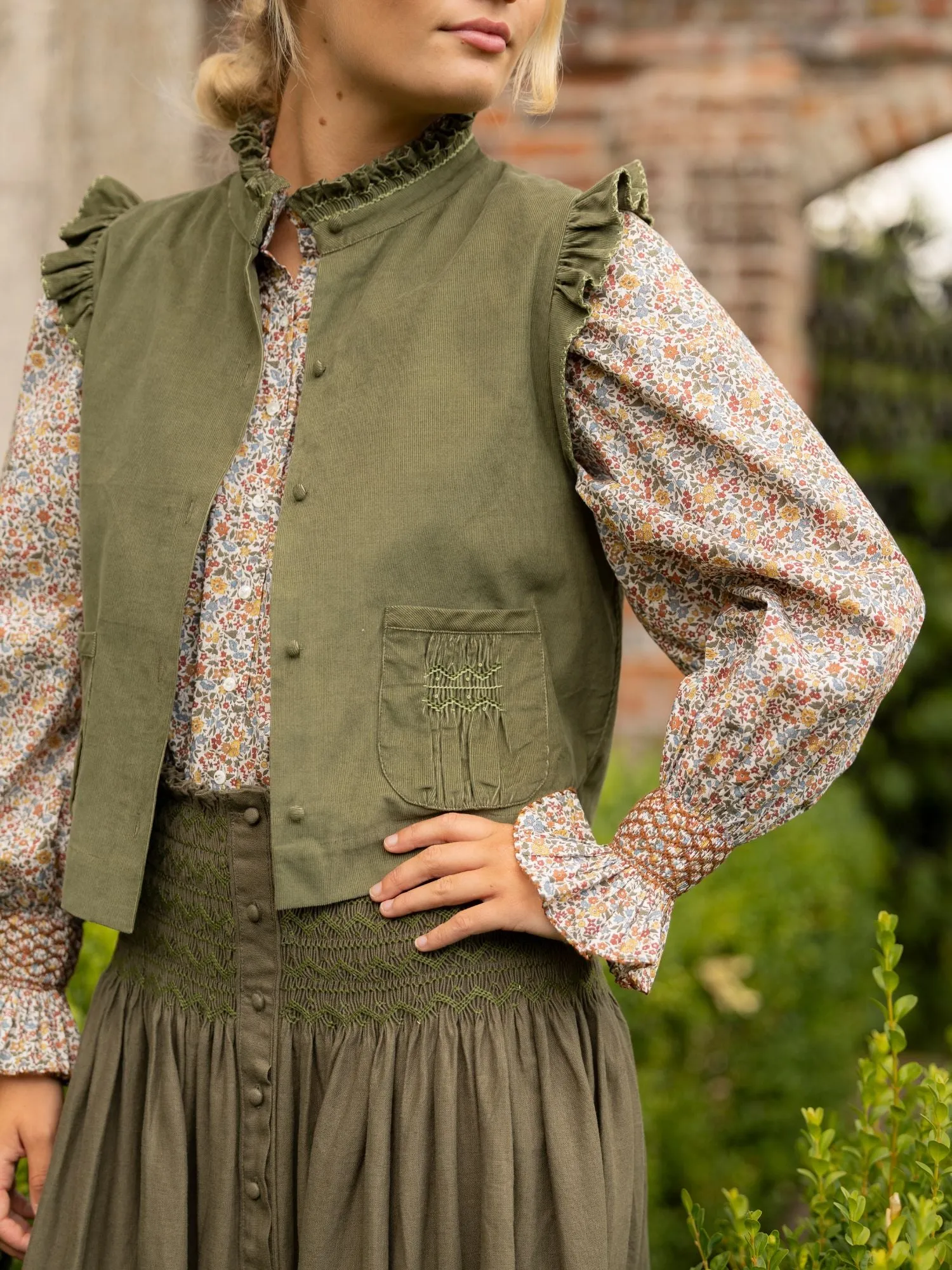 C J Walker Waistcoat Moss Needlecord with Through the Branches Hand Smocking Edition 3 sold by Smock London product image thumbnail 5