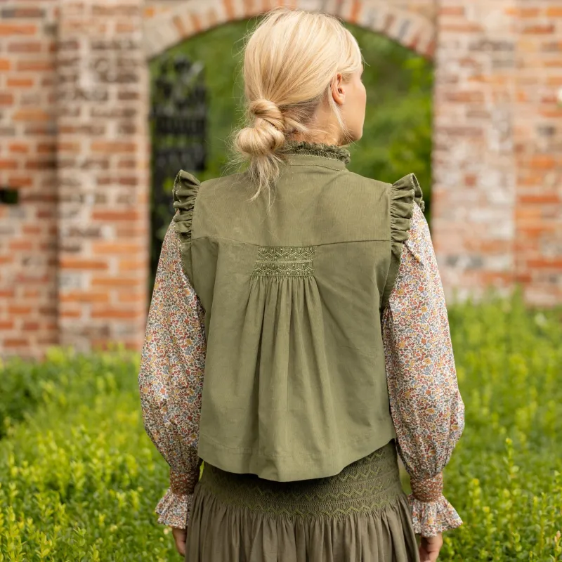 C J Walker Waistcoat Moss Needlecord with Through the Branches Hand Smocking Edition 3 sold by Smock London