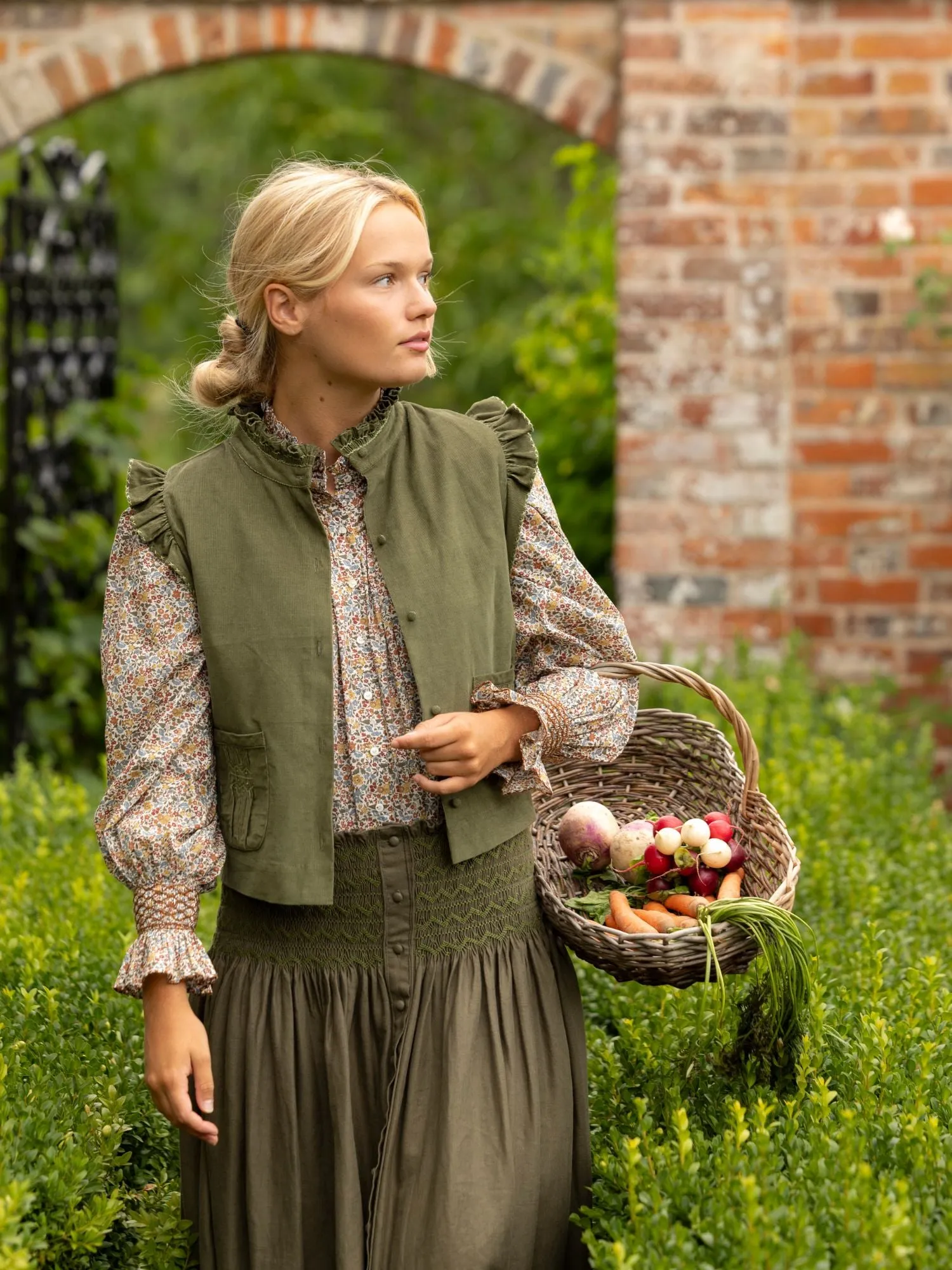 C J Walker Waistcoat Moss Needlecord with Through the Branches Hand Smocking Edition 3 sold by Smock London product image thumbnail 4