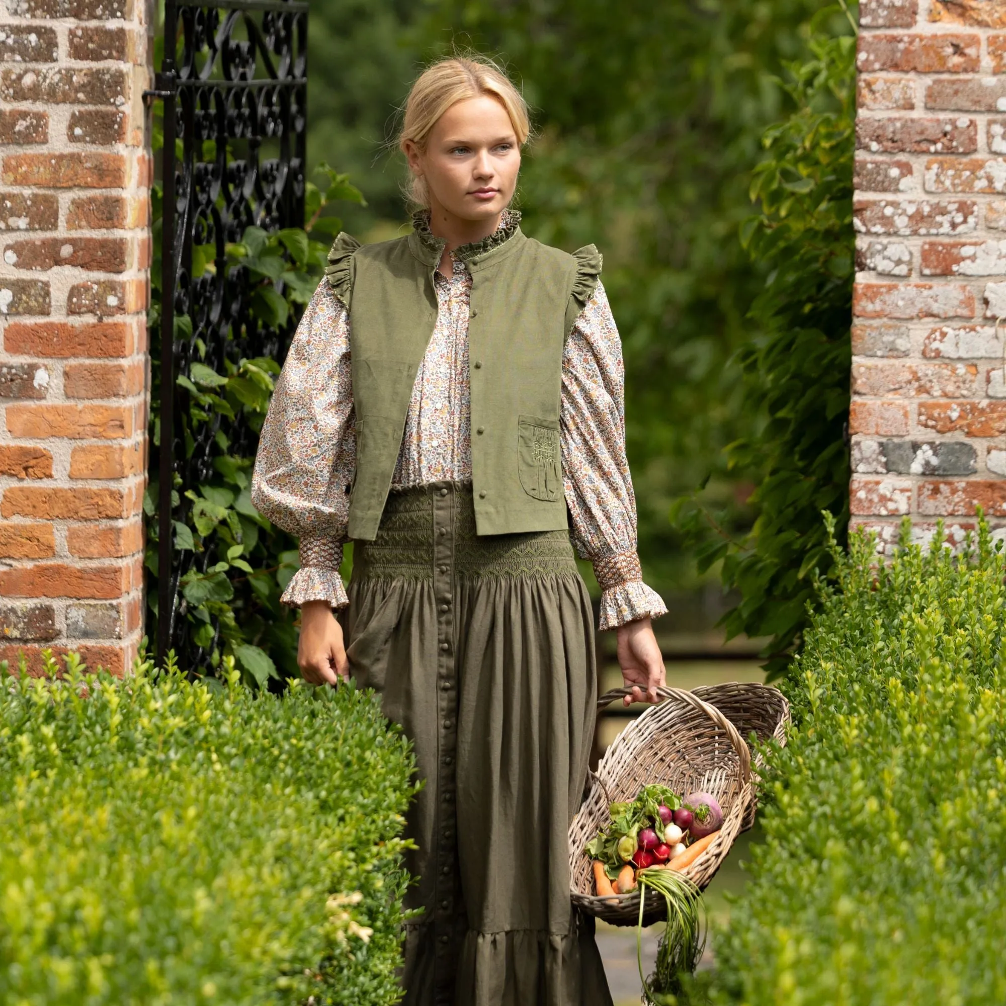 C J Walker Waistcoat Moss Needlecord with Through the Branches Hand Smocking Edition 3 sold by Smock London product image thumbnail 2