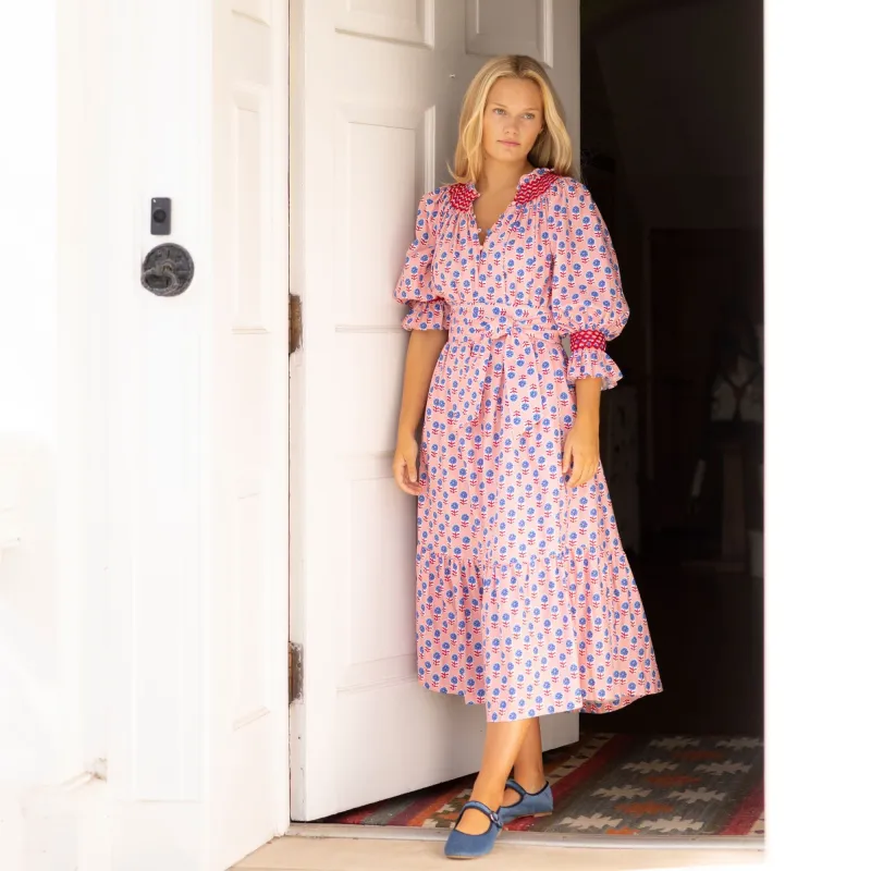 Ada Lovelace Dress Marigold Block Print with Roses are Red Hand Smocking sold by Smock London