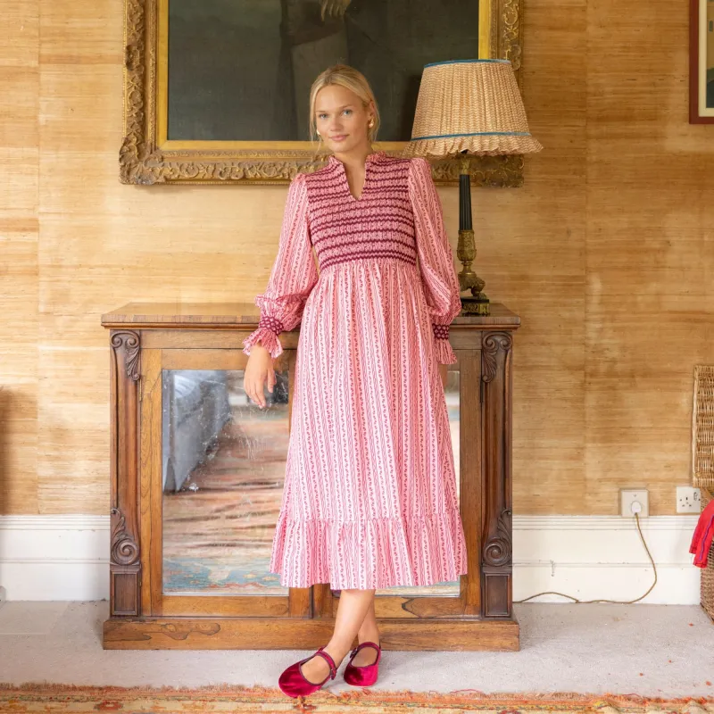 Emmeline Pankhurst Women's Dress Mulberry Trellis with Diamonds and Rubies Hand Smocking sold by Smock London