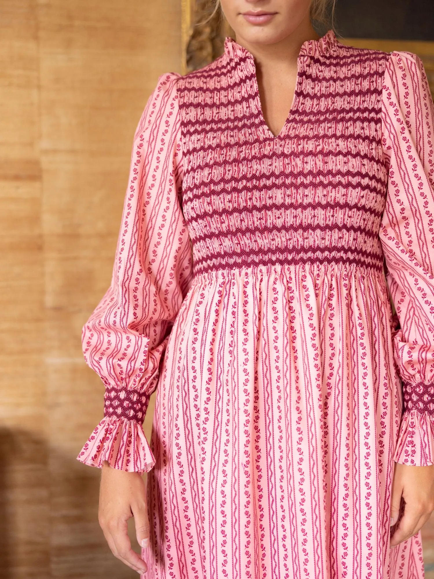 Emmeline Pankhurst Women's Dress Mulberry Trellis with Diamonds and Rubies Hand Smocking sold by Smock London product image thumbnail 3