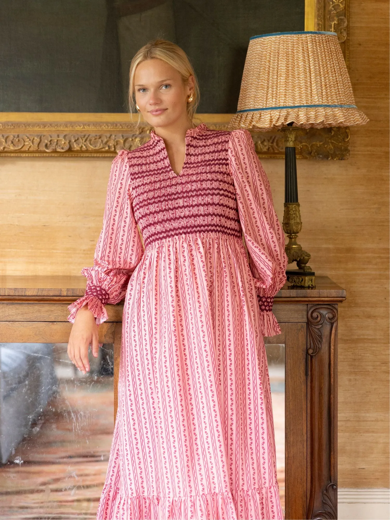 Emmeline Pankhurst Women's Dress Mulberry Trellis with Diamonds and Rubies Hand Smocking sold by Smock London product image thumbnail 5