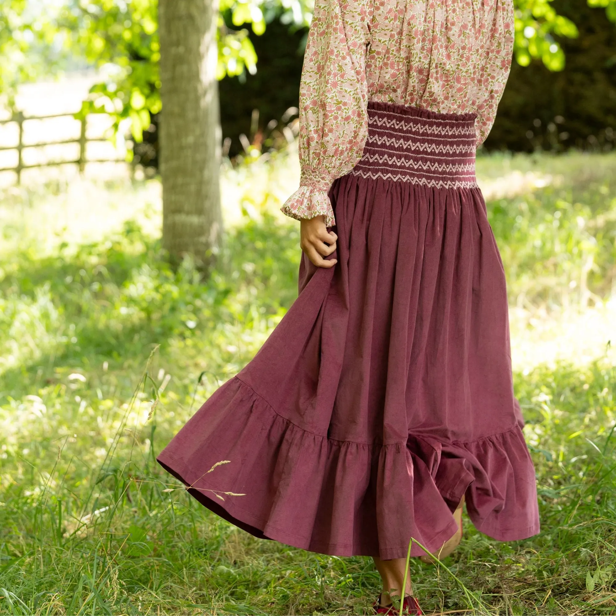 Sullivan Women's Skirt Mulberry Needlecord with Rosehip Hand Smocking sold by Smock London product image thumbnail 3