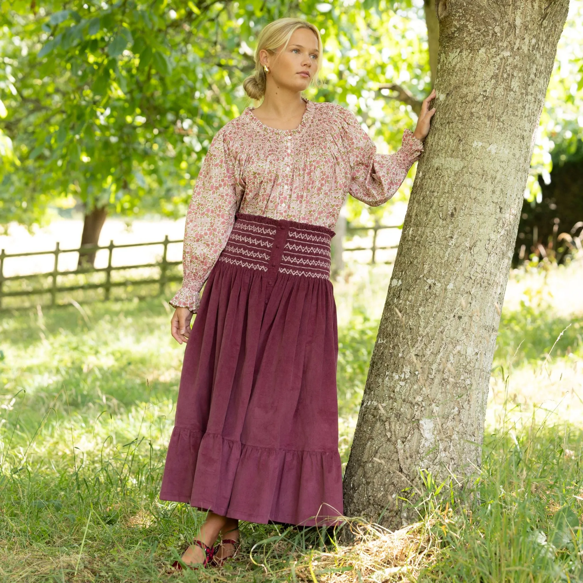 Sullivan Women's Skirt Mulberry Needlecord with Rosehip Hand Smocking sold by Smock London product image thumbnail 4