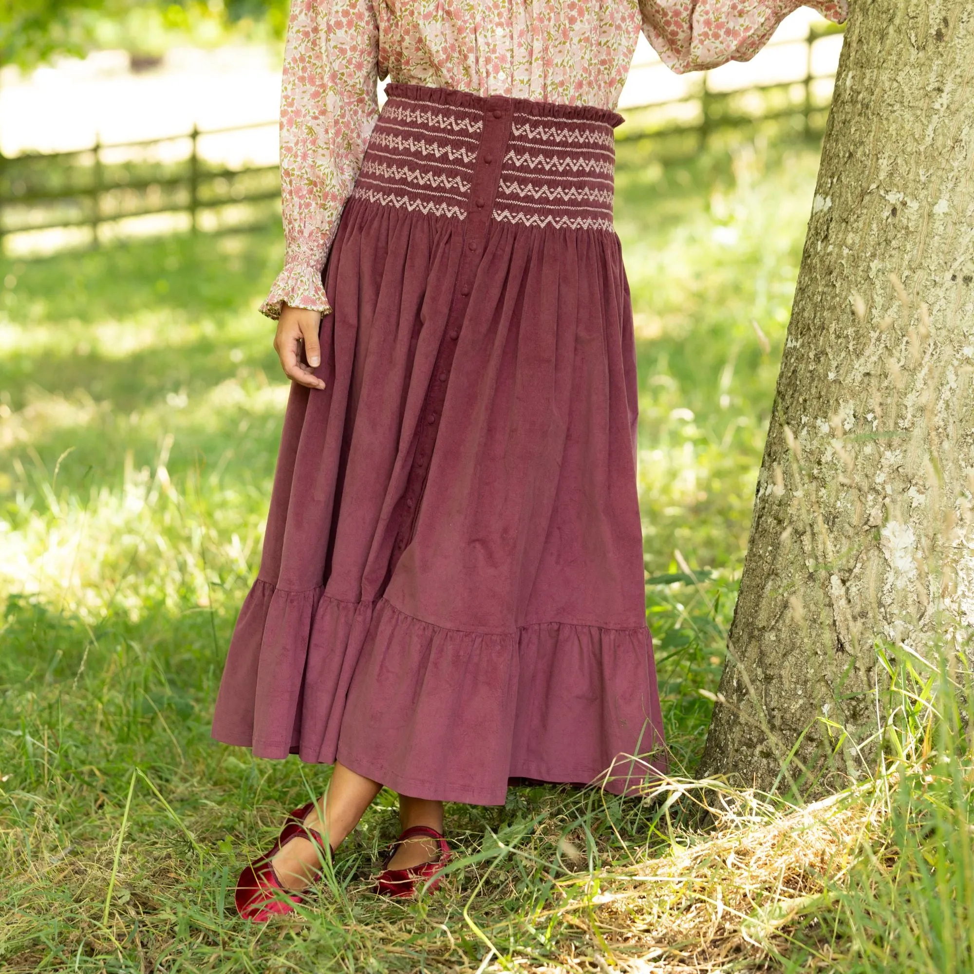 Sullivan Women's Skirt Mulberry Needlecord with Rosehip Hand Smocking sold by Smock London product image thumbnail 5