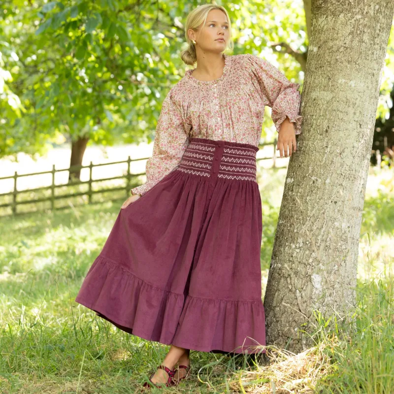 Sullivan Women's Skirt Mulberry Needlecord with Rosehip Hand Smocking sold by Smock London