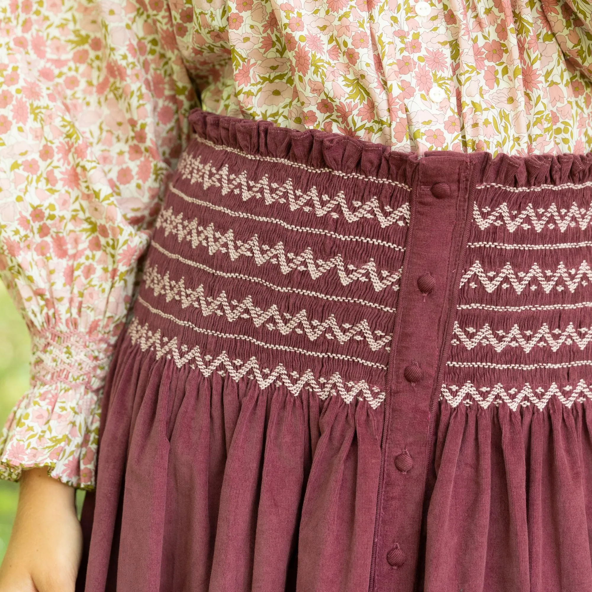 Sullivan Women's Skirt Mulberry Needlecord with Rosehip Hand Smocking sold by Smock London product image thumbnail 2