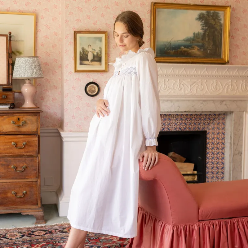 Mother Teresa Women's Nursing & Maternity Dress Long Sleeves with Mermaid Tail Forget Me Not Hand Smocking sold by Smock London