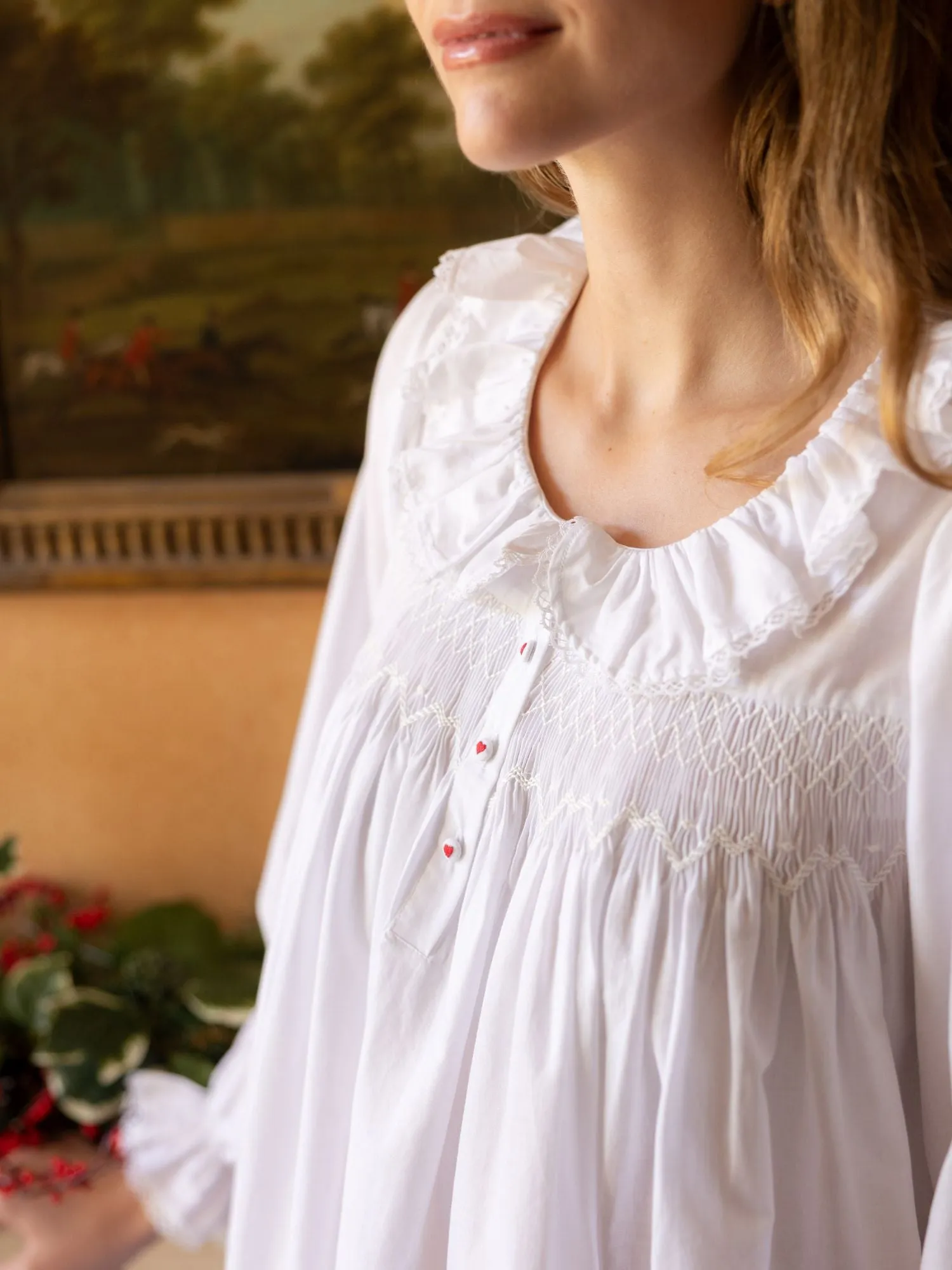 Nightingale Women's Dress Moonstone Cotton with Lattice Smocking and Embroidered Heart Buttons sold by Smock London product image thumbnail 5