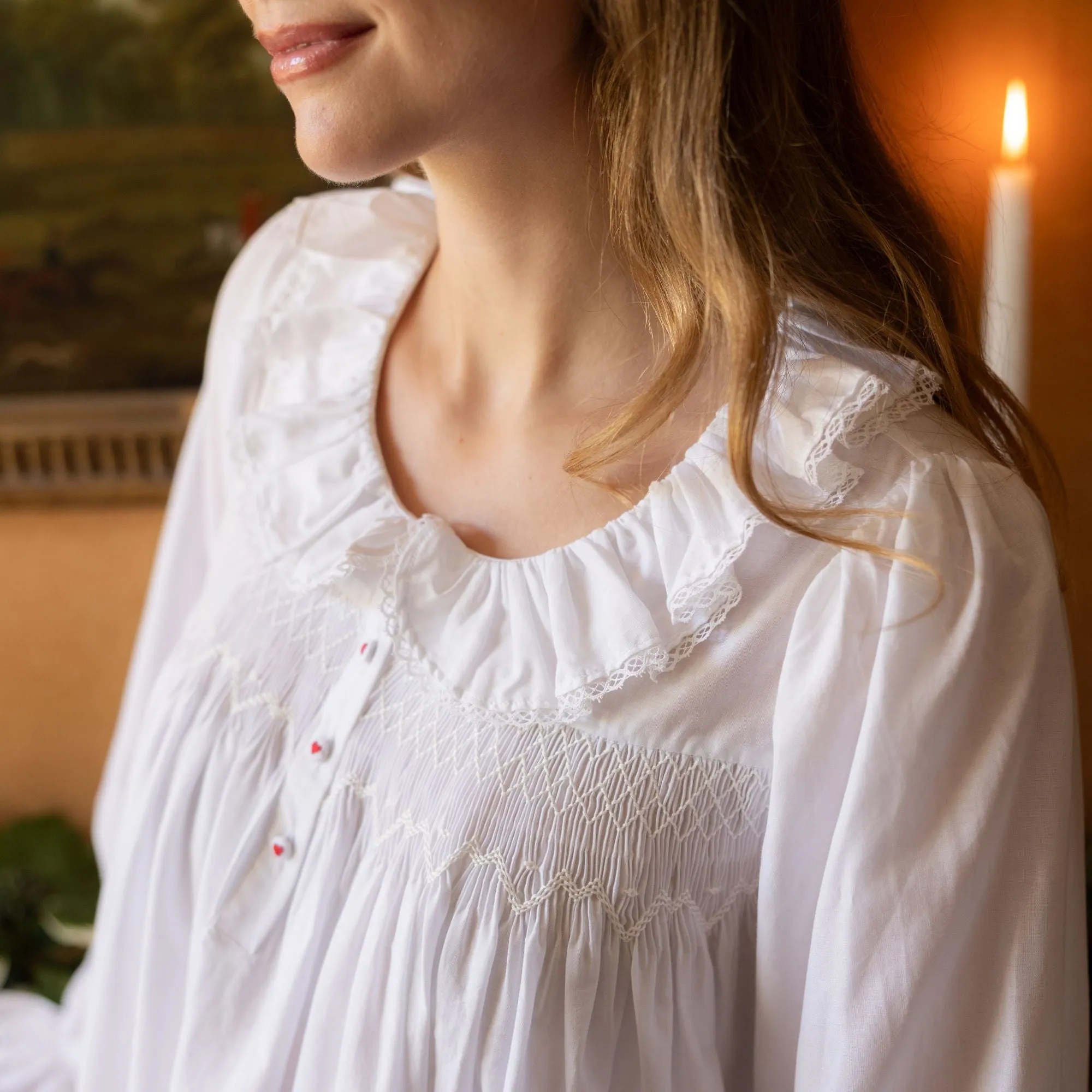 Nightingale Women's Dress Moonstone Cotton with Lattice Smocking and Embroidered Heart Buttons sold by Smock London product image thumbnail 2