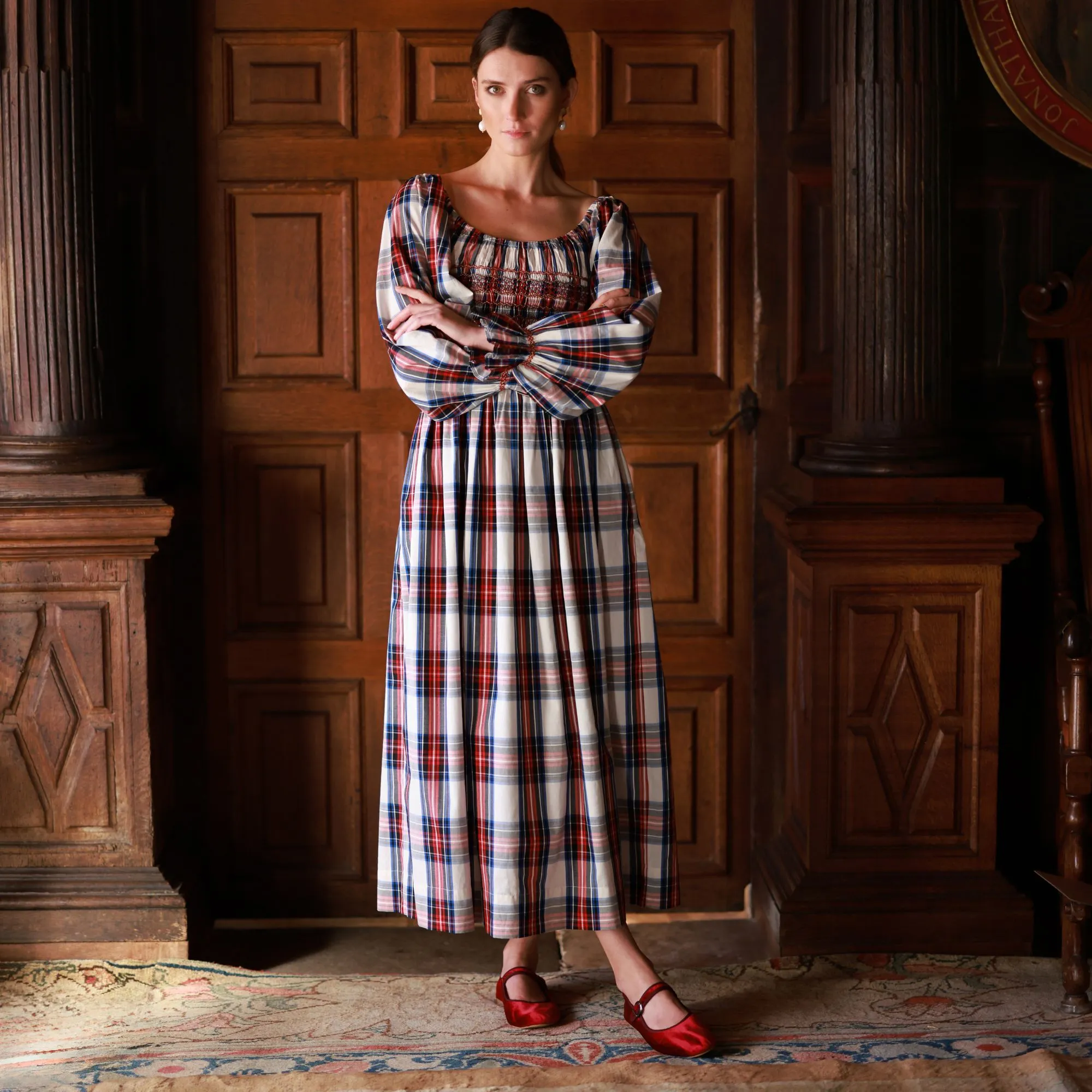 Amelia Earhart Dress Britannia Check with Winter Berry Hand Smocking sold by Smock London