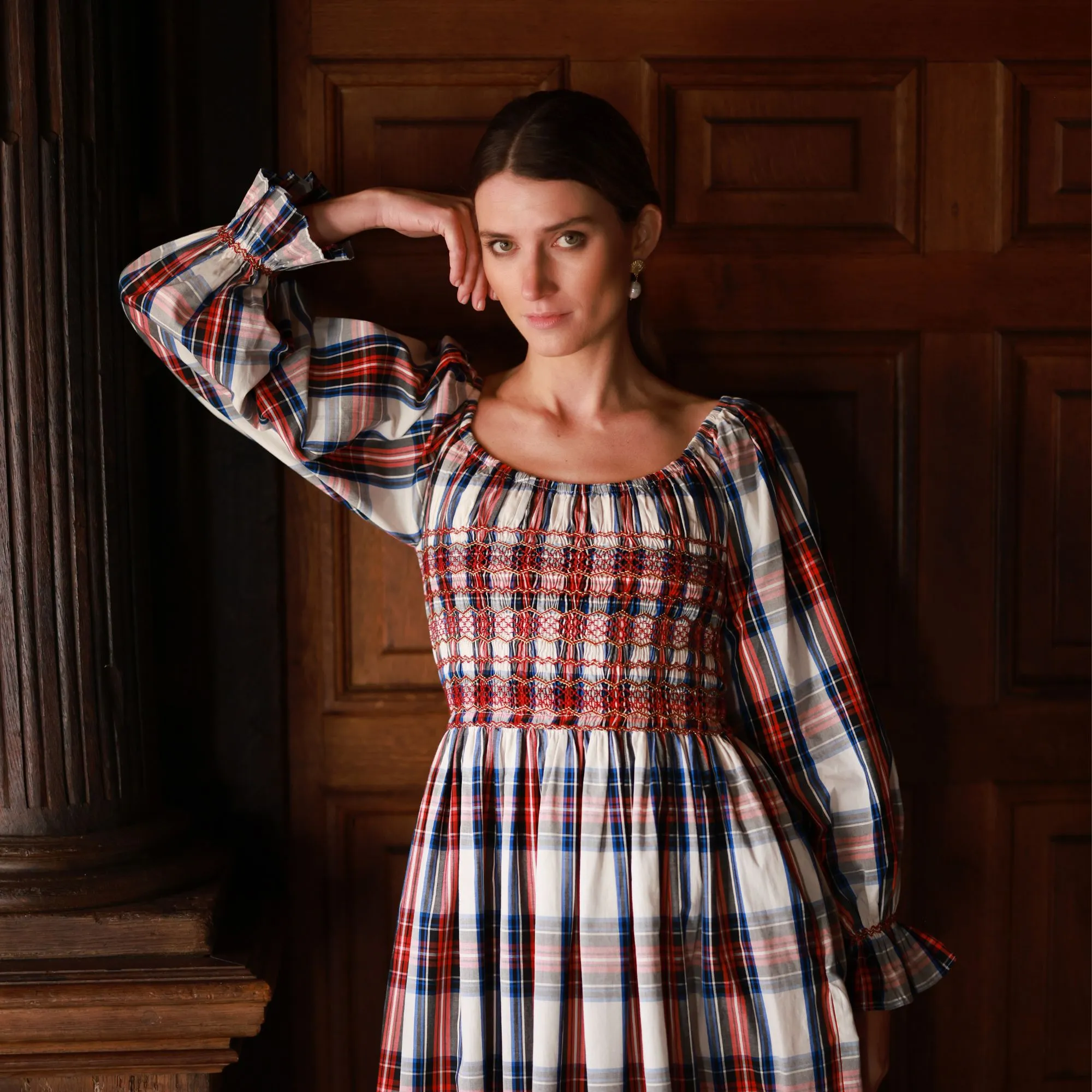 Amelia Earhart Dress Britannia Check with Winter Berry Hand Smocking sold by Smock London product image thumbnail 2