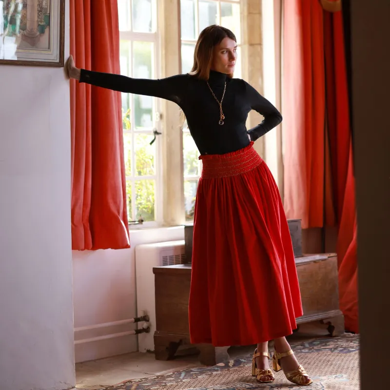 Sullivan Women's Skirt Crimson Needlecord with Gold Coin Hand Smocking sold by Smock London