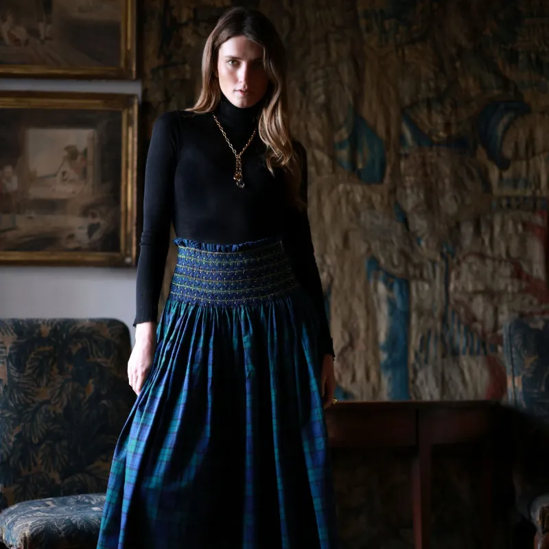 Sullivan Women's Skirt Black Watch Tartan with Royal Navy Hand Smocking sold by Smock London