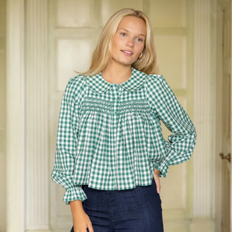 Marie Curie Blouse Holly Gingham with Mistletoe Hand Smocking sold by Smock London