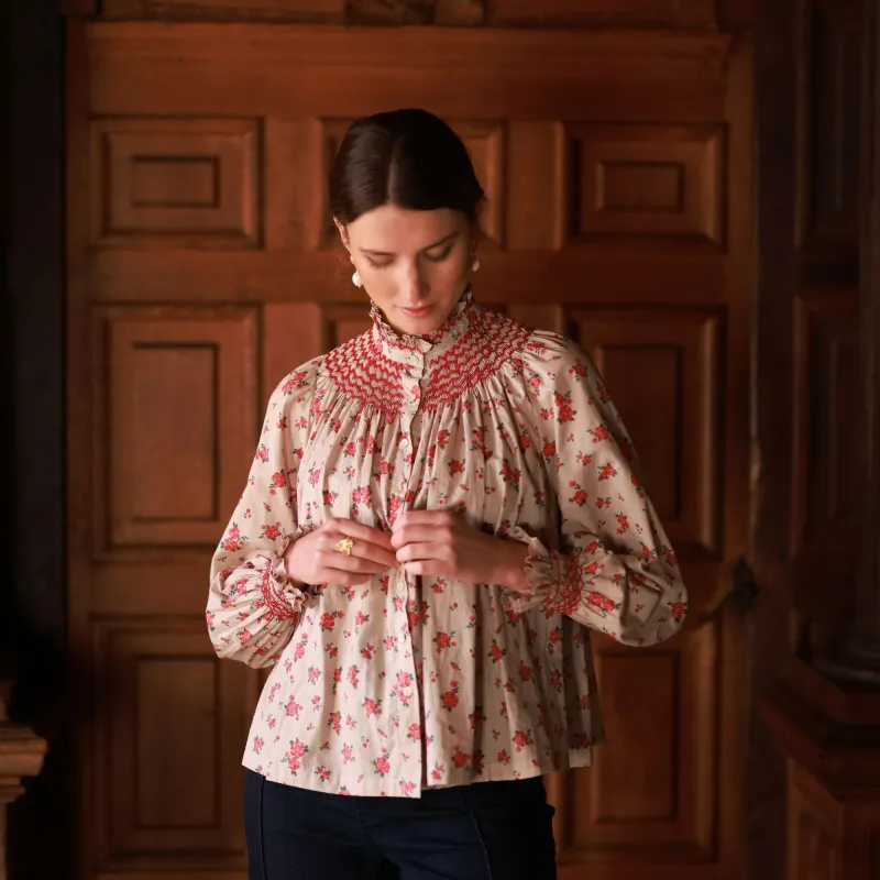 Scholl Blouse Poinsetta Posy with Scarlet Hand Smocking Edition 52 sold by Smock London