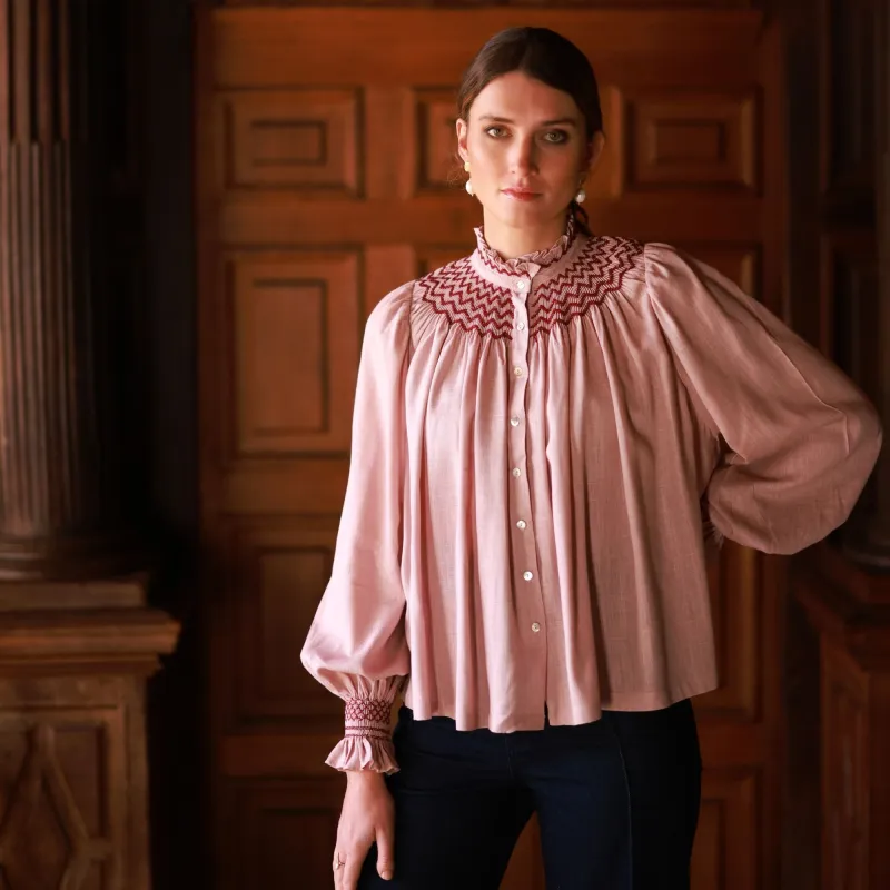Scholl Blouse Dusty Pink linen with Mulberry Hand Smocking Edition 45 sold by Smock London