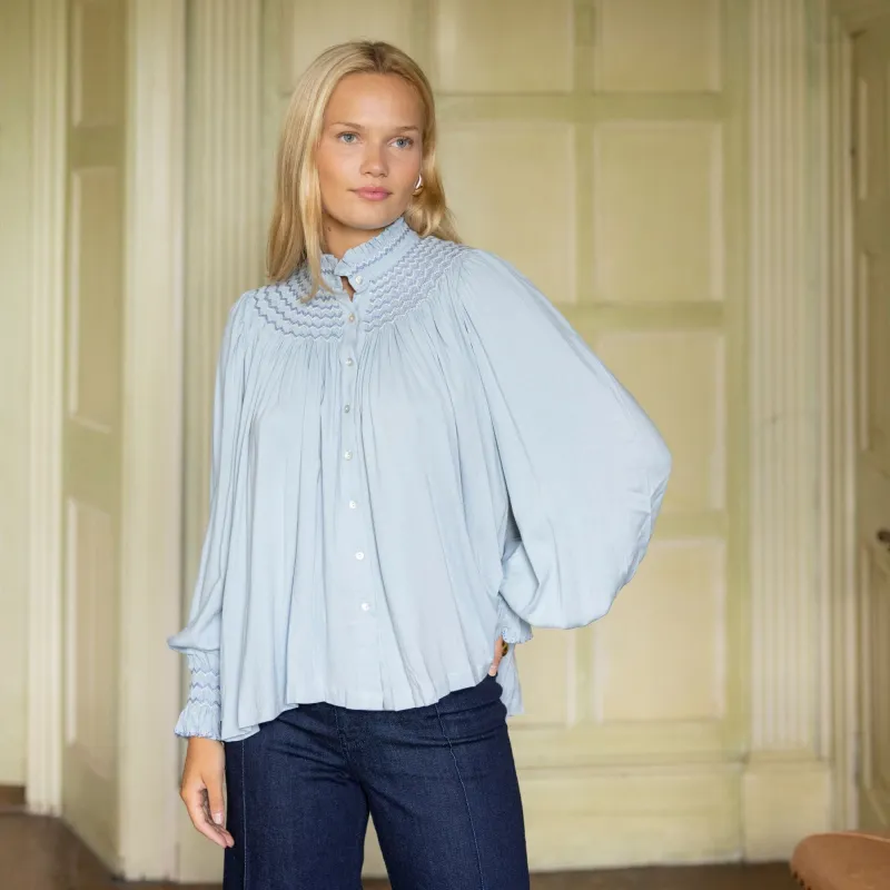 Scholl Blouse Powder Blue with Blueberry Hand Smocking Edition 47 sold by Smock London