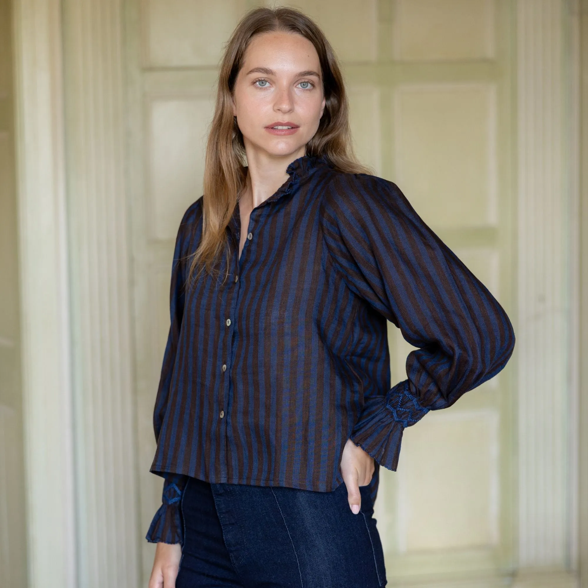 Shelley Blouse Rothko Stripe with Indigo Hand Smocking Edition 15 sold by Smock London