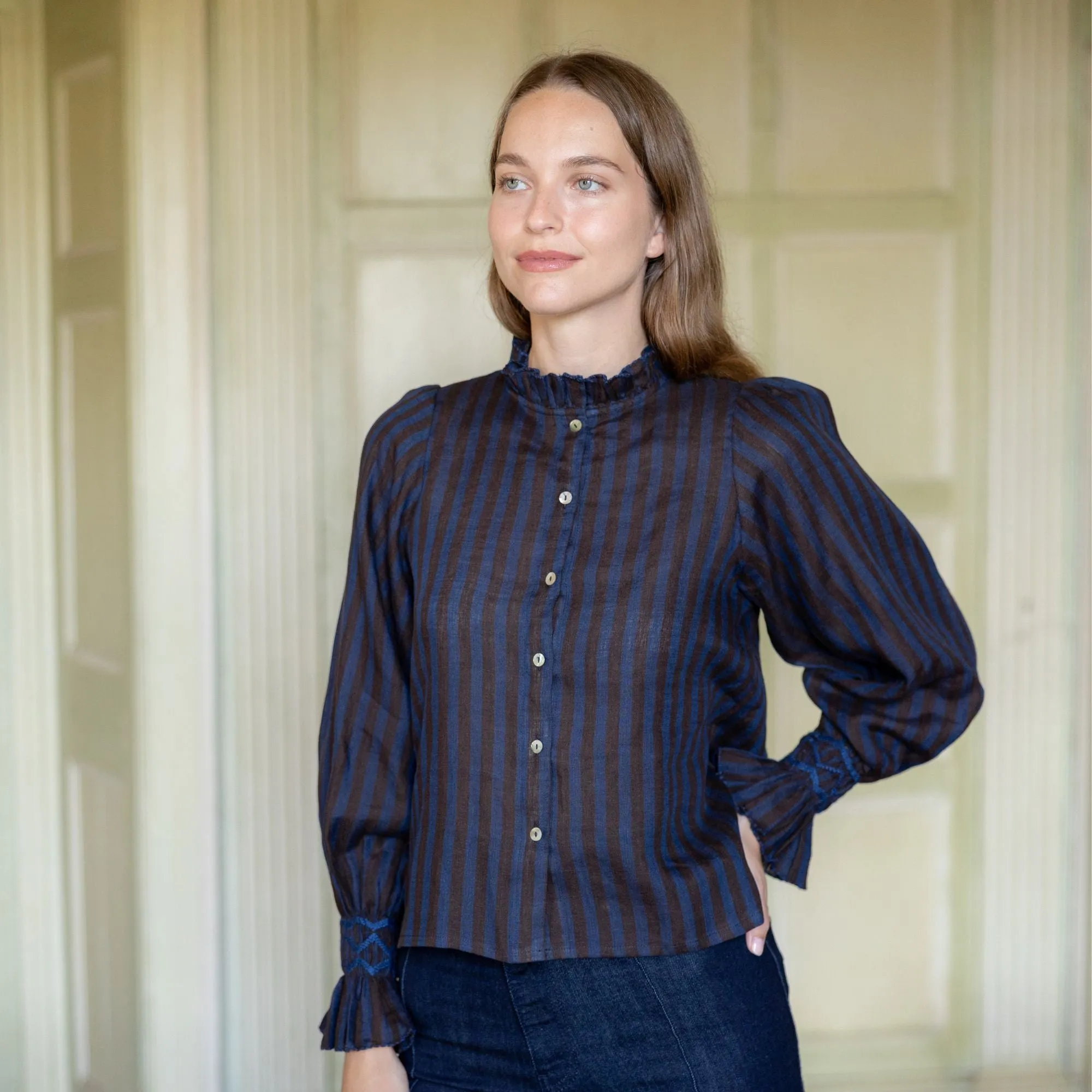 Shelley Blouse Rothko Stripe with Indigo Hand Smocking Edition 15 sold by Smock London product image thumbnail 3