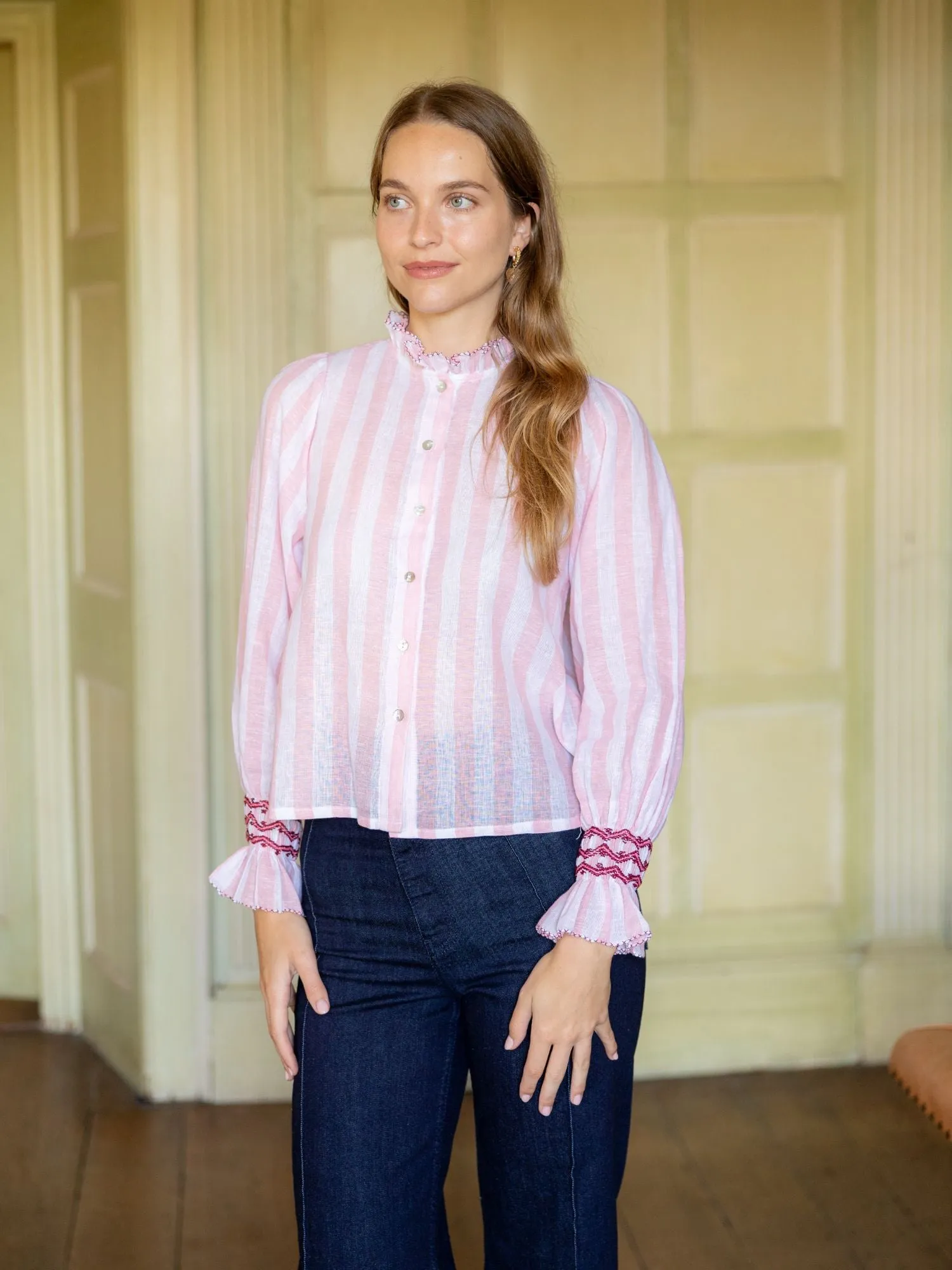 Shelley Blouse Powder Pink Stripe with Copper Beech Hand Smocking Edition 17 sold by Smock London product image thumbnail 5